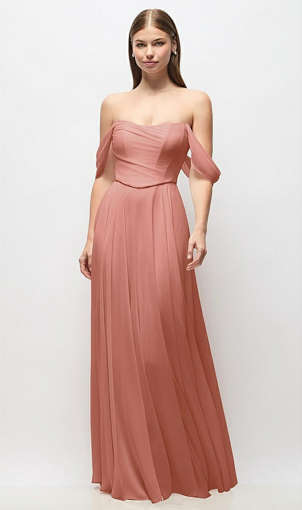Front View - Desert Rose Off-the-Shoulder Basque Corset Chiffon Maxi Dress