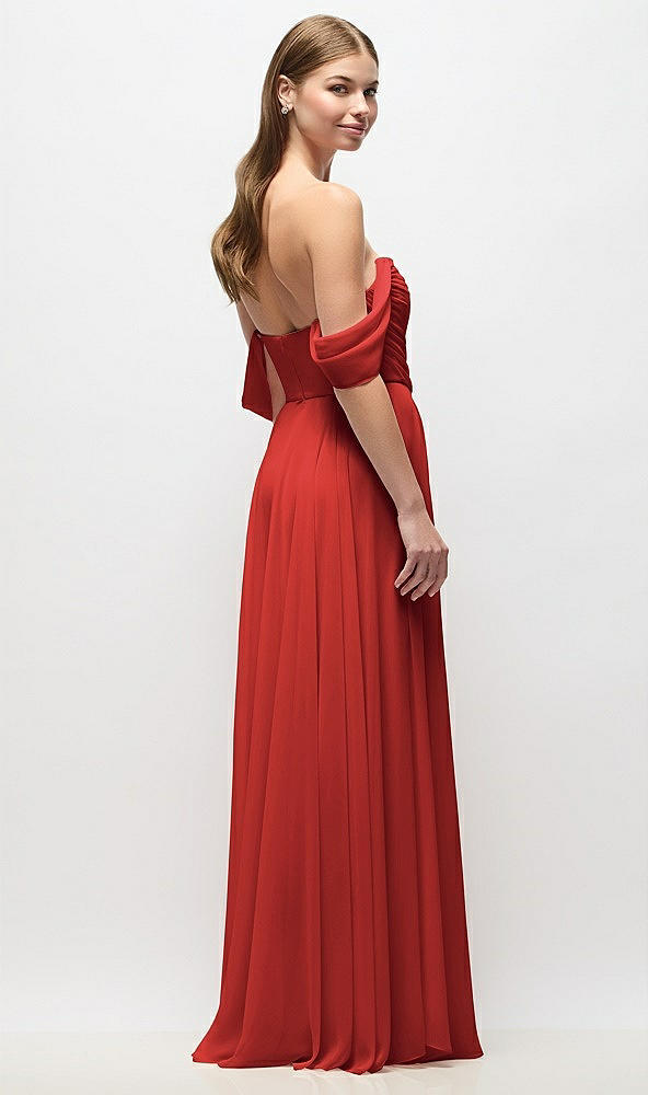 Back View - Poppy Red Off-the-Shoulder Basque Corset Chiffon Maxi Dress