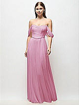 Front View Thumbnail - Powder Pink Off-the-Shoulder Basque Corset Chiffon Maxi Dress