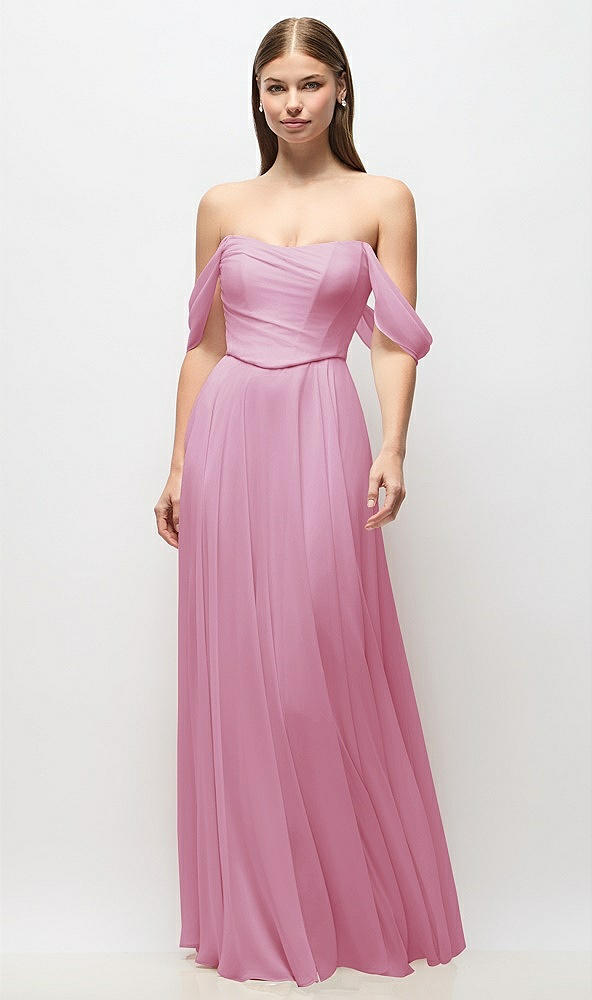 Front View - Powder Pink Off-the-Shoulder Basque Corset Chiffon Maxi Dress
