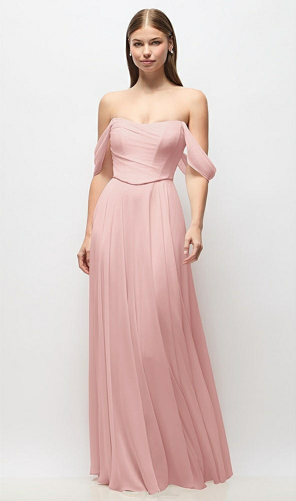 Front View - Rose Off-the-Shoulder Basque Corset Chiffon Maxi Dress