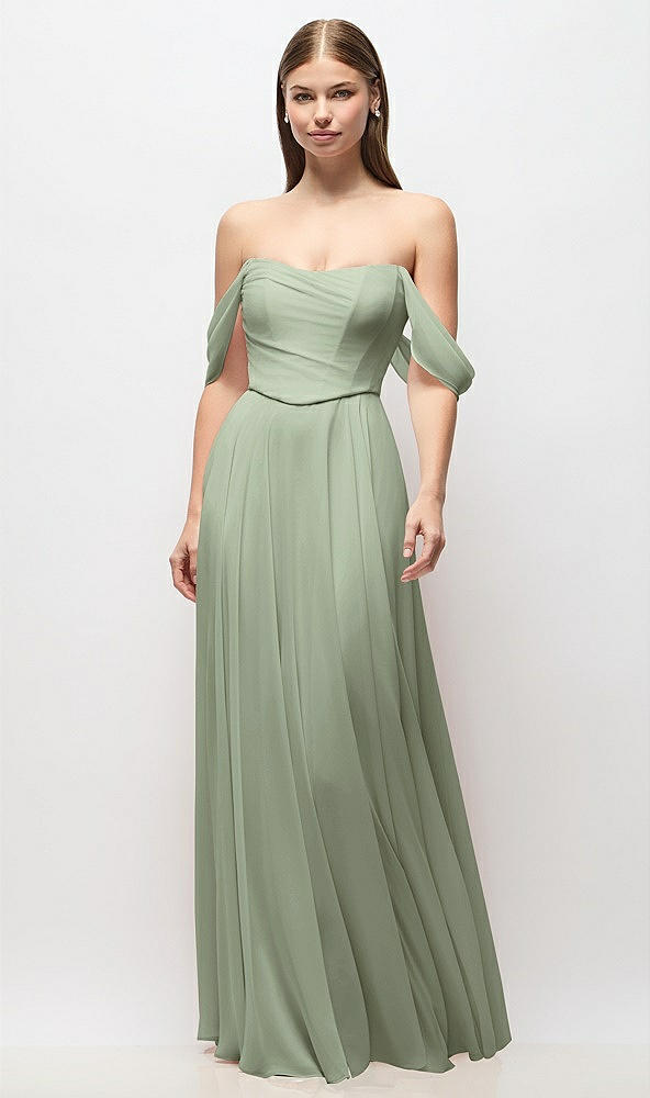 Front View - Sage Off-the-Shoulder Basque Corset Chiffon Maxi Dress