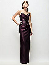 Front View Thumbnail - Deep Plum Strapless Asymmetrical Draped Satin Column Maxi Dress