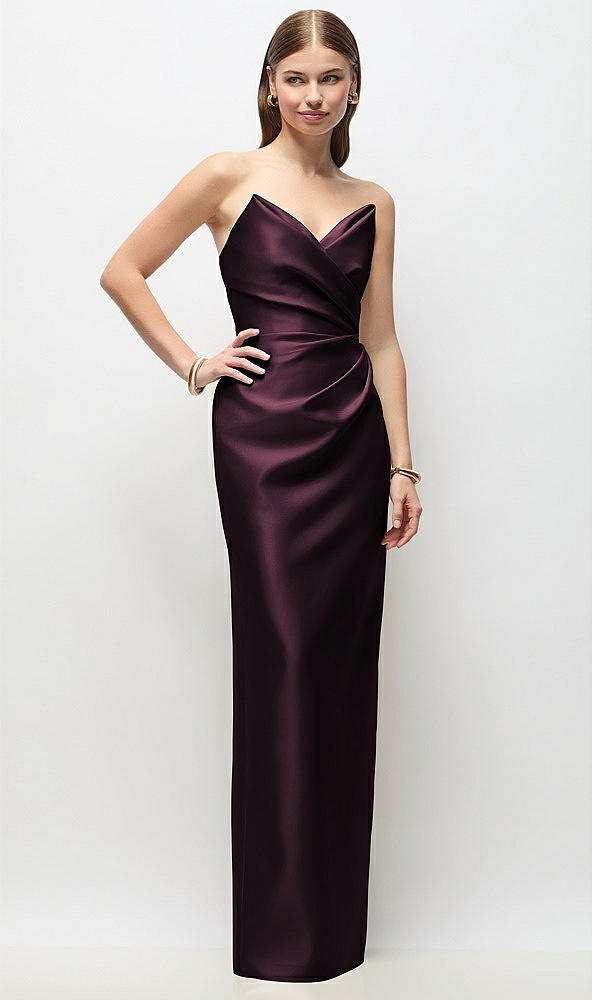 Front View - Deep Plum Strapless Asymmetrical Draped Satin Column Maxi Dress