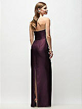 Rear View Thumbnail - Deep Plum Strapless Asymmetrical Draped Satin Column Maxi Dress
