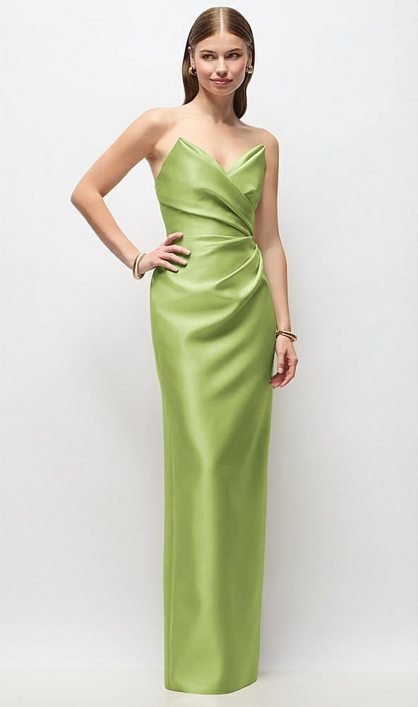 Front View - Mojito Strapless Asymmetrical Draped Satin Column Maxi Dress