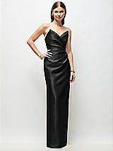 Front View Thumbnail - Black Strapless Asymmetrical Draped Satin Column Maxi Dress