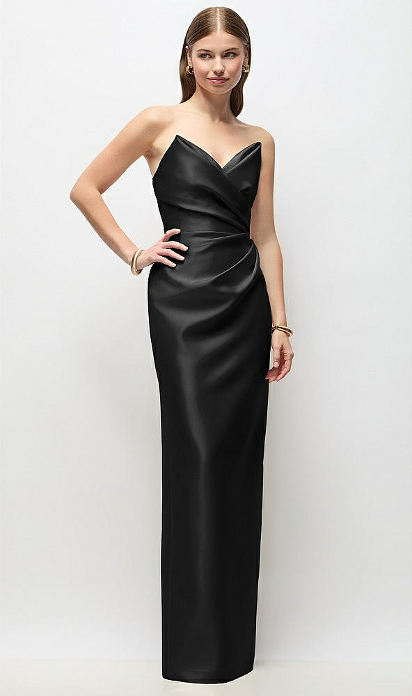 Front View - Black Strapless Asymmetrical Draped Satin Column Maxi Dress