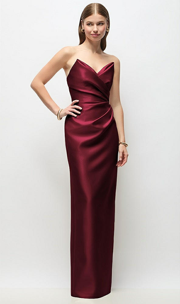 Front View - Cabernet Strapless Asymmetrical Draped Satin Column Maxi Dress