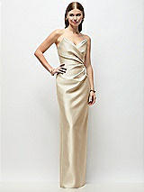 Front View Thumbnail - Champagne Strapless Asymmetrical Draped Satin Column Maxi Dress