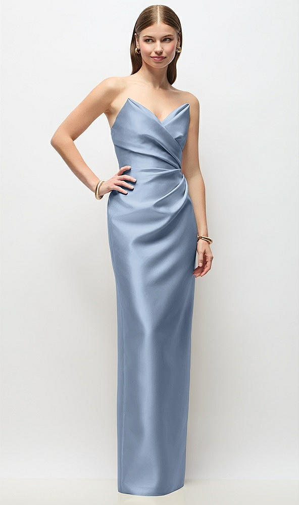 Front View - Cloudy Strapless Asymmetrical Draped Satin Column Maxi Dress