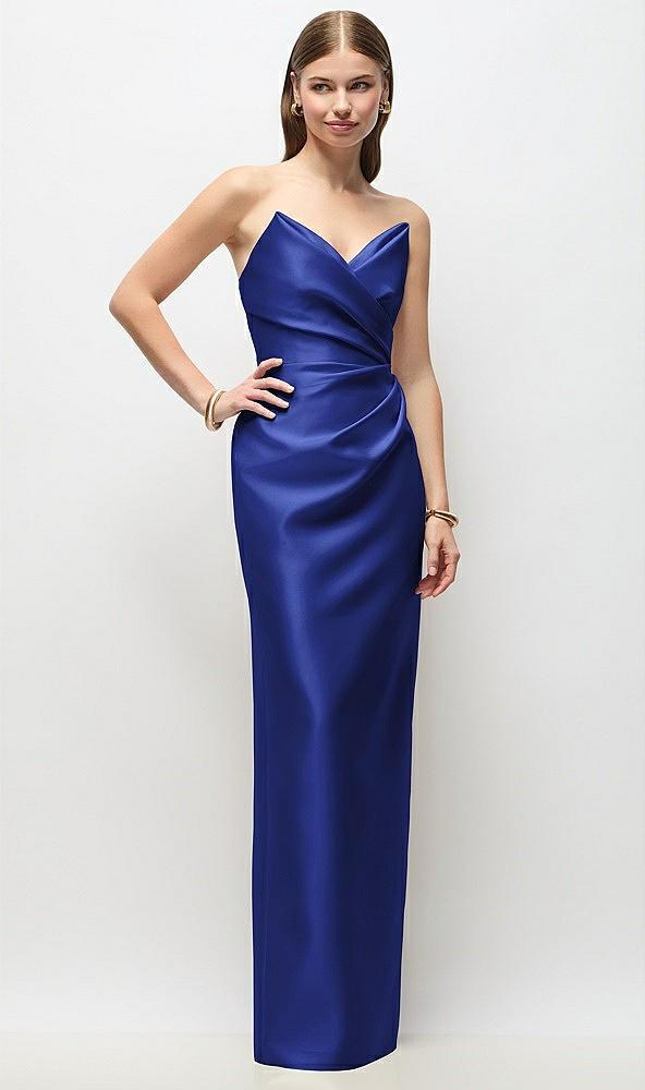 Front View - Cobalt Blue Strapless Asymmetrical Draped Satin Column Maxi Dress