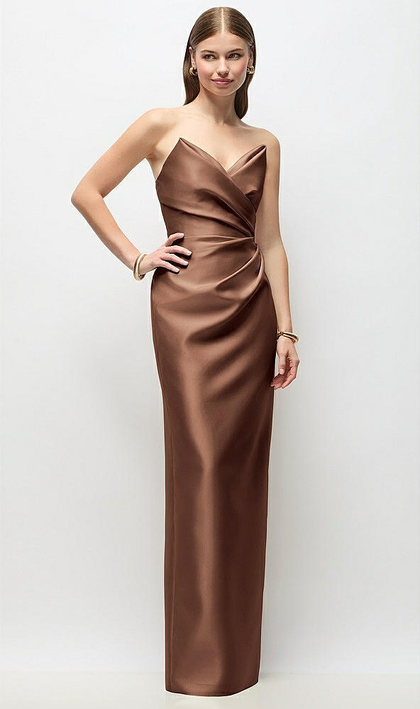 Front View - Cognac Strapless Asymmetrical Draped Satin Column Maxi Dress