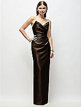 Front View Thumbnail - Espresso Strapless Asymmetrical Draped Satin Column Maxi Dress