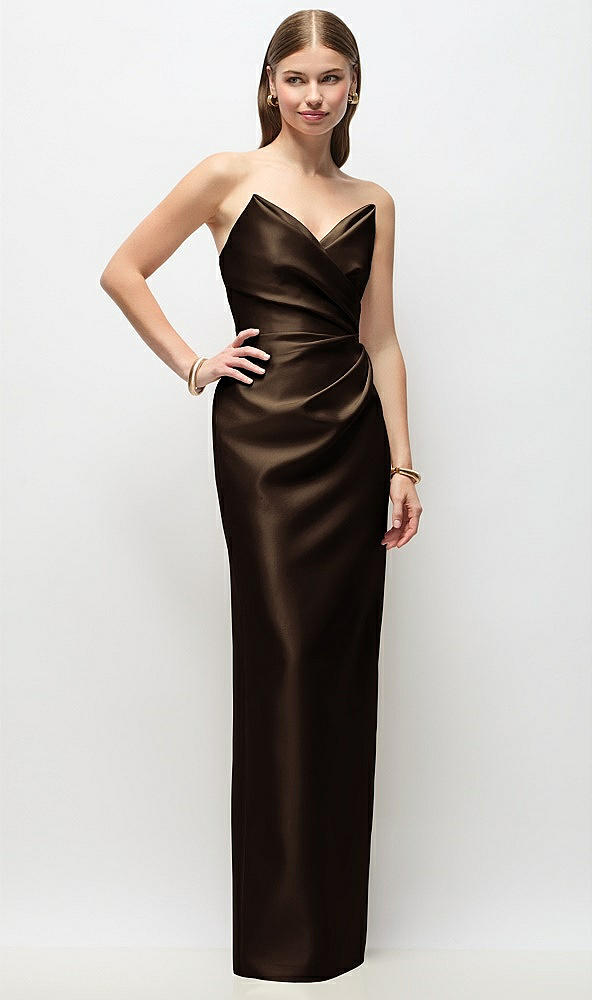 Front View - Espresso Strapless Asymmetrical Draped Satin Column Maxi Dress