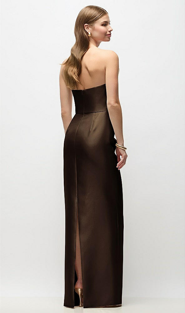 Back View - Espresso Strapless Asymmetrical Draped Satin Column Maxi Dress