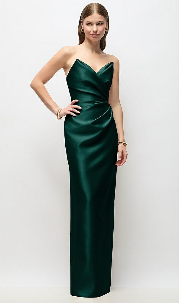 Front View - Evergreen Strapless Asymmetrical Draped Satin Column Maxi Dress