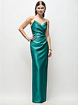 Front View Thumbnail - Jade Strapless Asymmetrical Draped Satin Column Maxi Dress