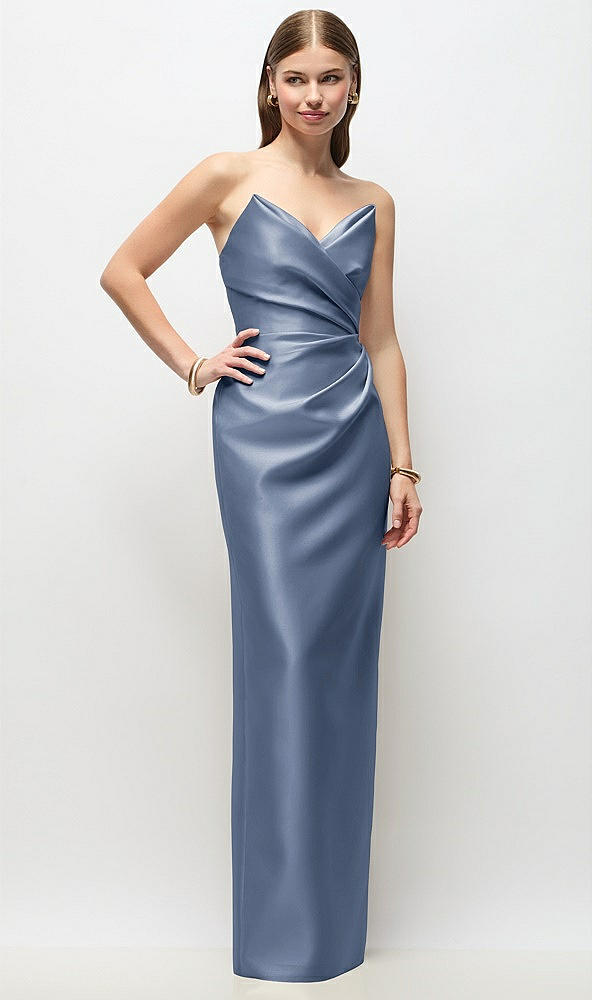 Front View - Larkspur Blue Strapless Asymmetrical Draped Satin Column Maxi Dress