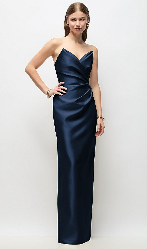Front View - Midnight Navy Strapless Asymmetrical Draped Satin Column Maxi Dress