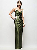 Front View Thumbnail - Olive Green Strapless Asymmetrical Draped Satin Column Maxi Dress
