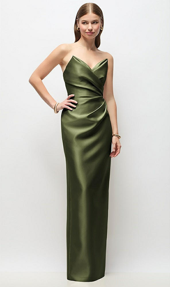 Front View - Olive Green Strapless Asymmetrical Draped Satin Column Maxi Dress