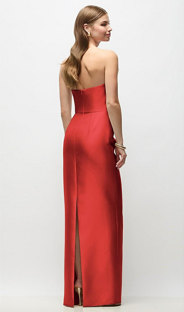 Back View - Poppy Red Strapless Asymmetrical Draped Satin Column Maxi Dress