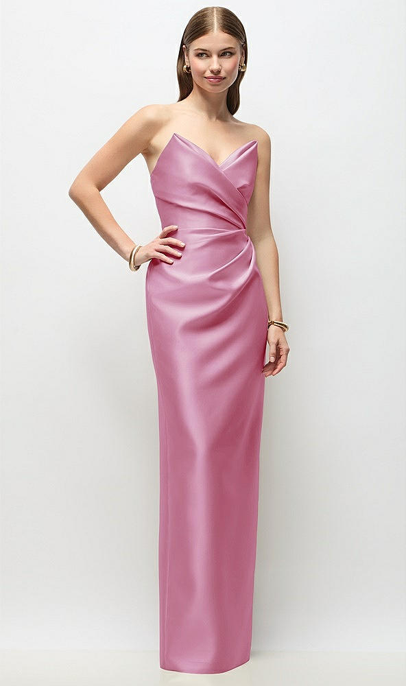 Front View - Powder Pink Strapless Asymmetrical Draped Satin Column Maxi Dress