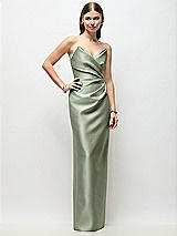 Front View Thumbnail - Sage Strapless Asymmetrical Draped Satin Column Maxi Dress