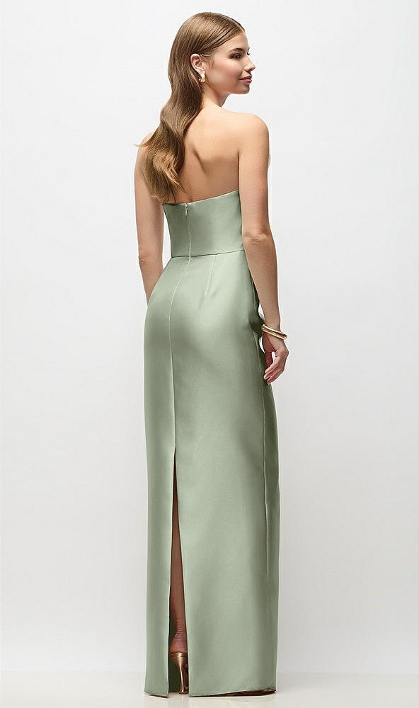 Back View - Sage Strapless Asymmetrical Draped Satin Column Maxi Dress