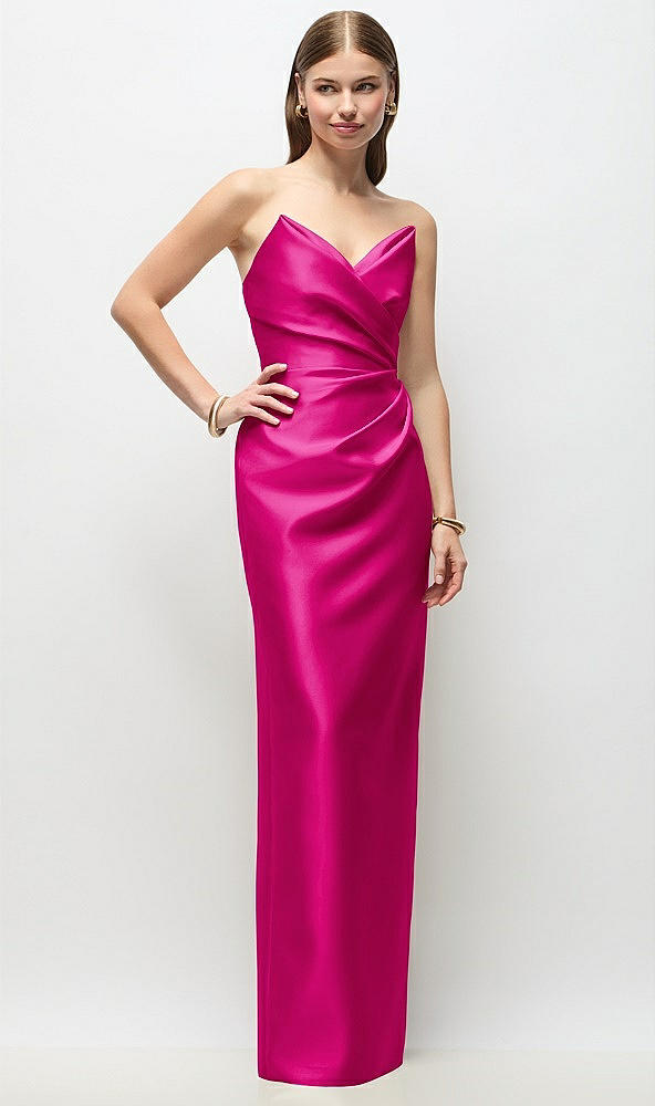 Front View - Think Pink Strapless Asymmetrical Draped Satin Column Maxi Dress