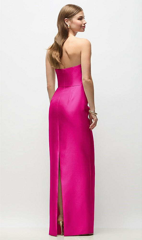 Back View - Think Pink Strapless Asymmetrical Draped Satin Column Maxi Dress