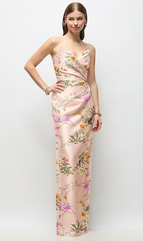 Front View - Butterfly Botanica Pink Sand Strapless Asymmetrical Draped Satin Column Floral Maxi Dress