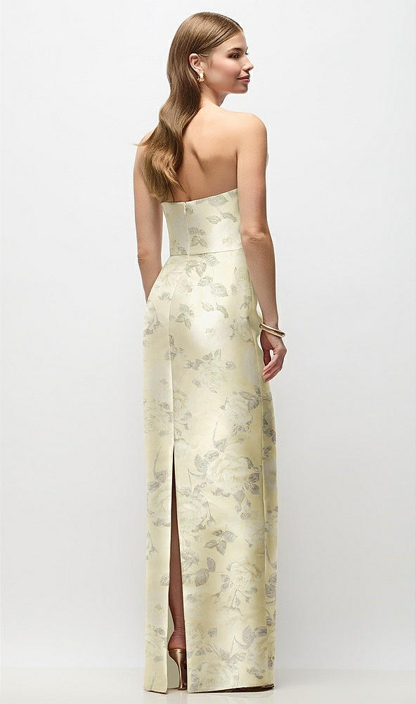 Back View - Butter Yellow Floral Strapless Asymmetrical Draped Satin Column Floral Maxi Dress
