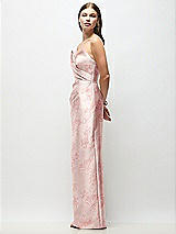 Side View Thumbnail - Bow And Blossom Print Strapless Asymmetrical Draped Satin Column Floral Maxi Dress