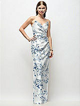 Front View Thumbnail - Cottage Rose Larkspur Strapless Asymmetrical Draped Satin Column Floral Maxi Dress