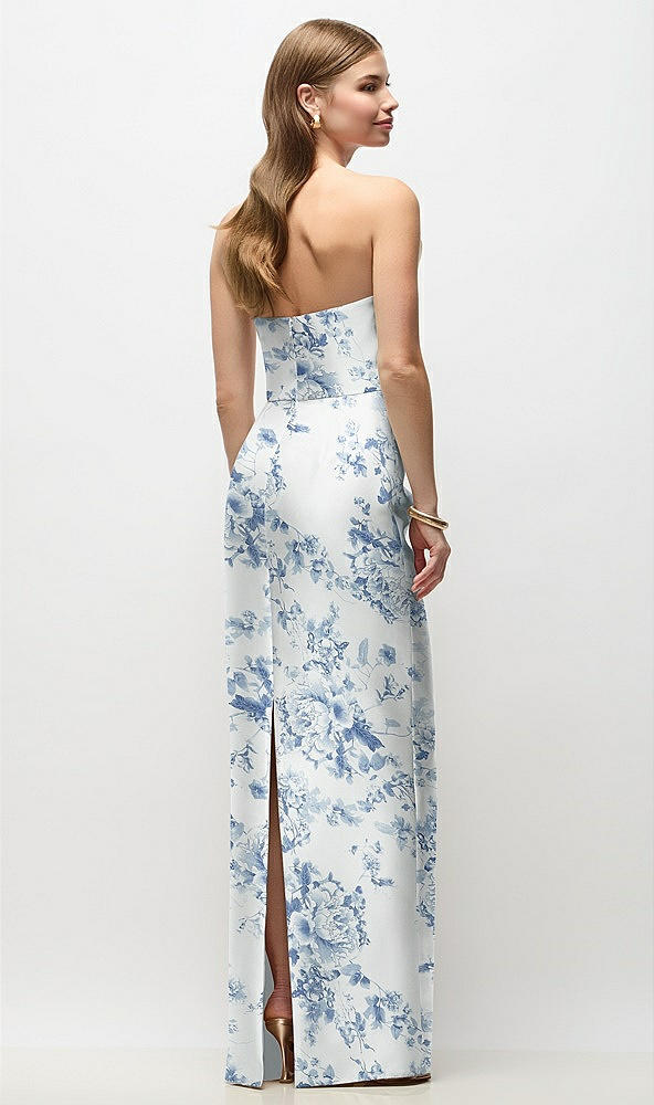 Back View - Cottage Rose Larkspur Strapless Asymmetrical Draped Satin Column Floral Maxi Dress