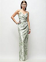 Front View Thumbnail - Sage Cottage Rose Strapless Asymmetrical Draped Satin Column Floral Maxi Dress