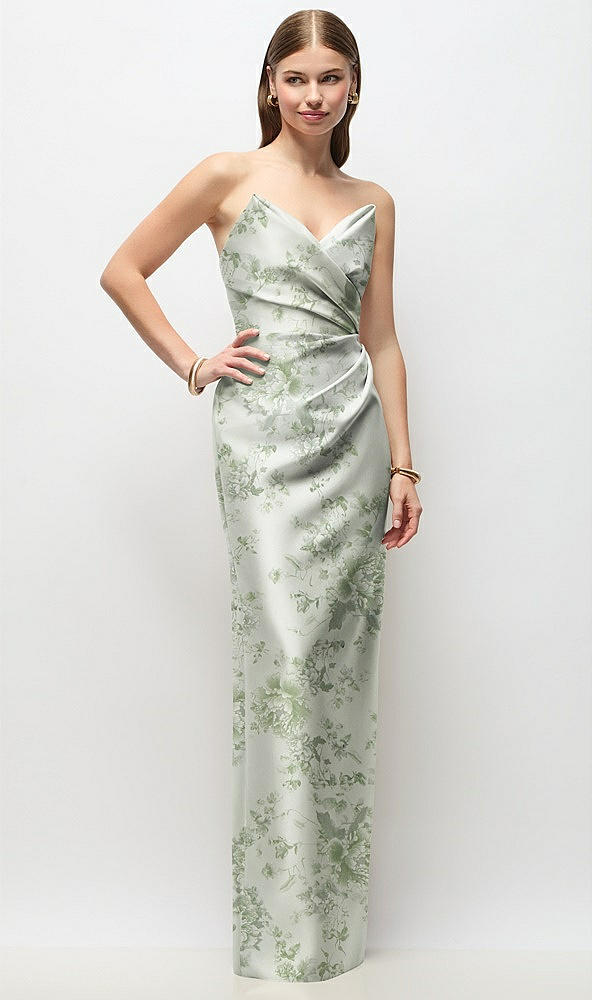 Front View - Sage Cottage Rose Strapless Asymmetrical Draped Satin Column Floral Maxi Dress
