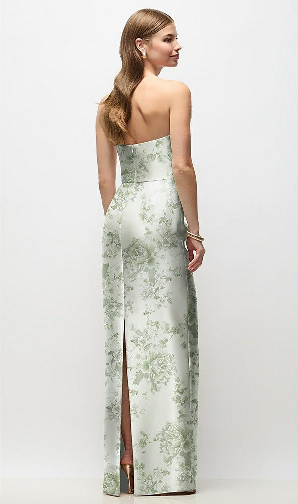 Back View - Sage Cottage Rose Strapless Asymmetrical Draped Satin Column Floral Maxi Dress