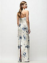 Rear View Thumbnail - Inkwash Blue Floral Strapless Asymmetrical Draped Satin Column Floral Maxi Dress
