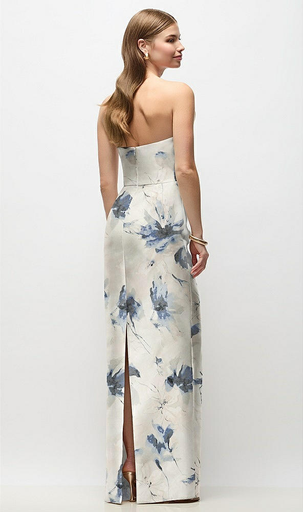 Back View - Inkwash Blue Floral Strapless Asymmetrical Draped Satin Column Floral Maxi Dress