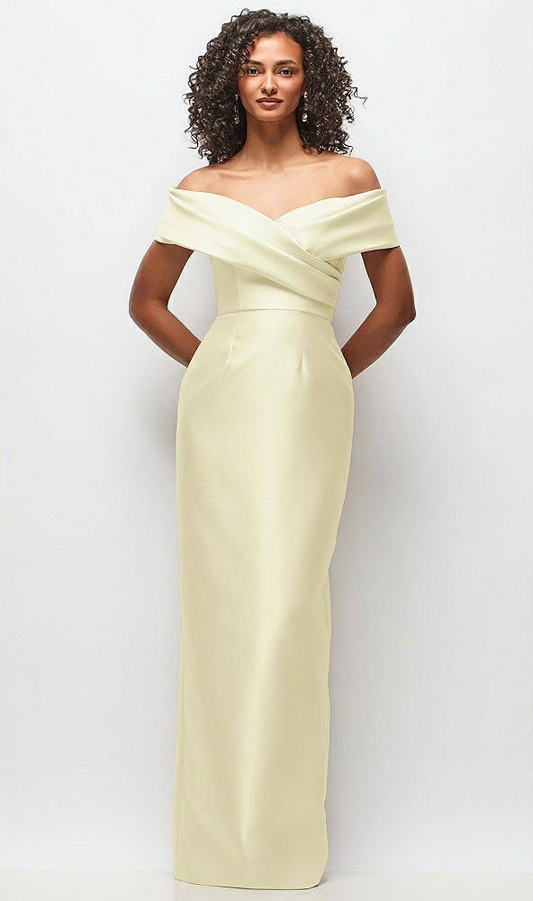 Front View - Butter Yellow Draped Wrap Off-the-Shoulder Satin Column Floral Maxi Dress