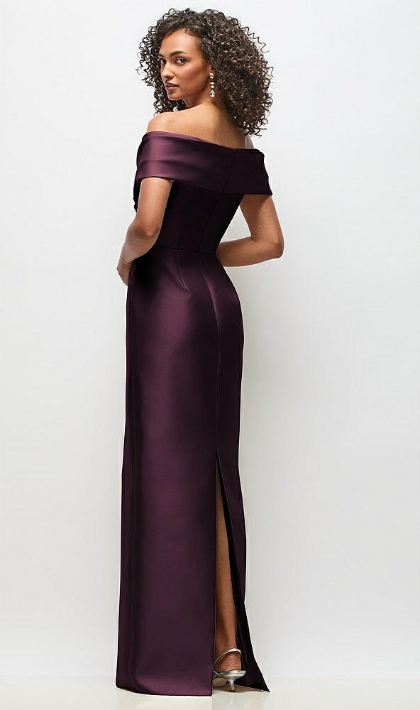 Back View - Deep Plum Draped Wrap Off-the-Shoulder Satin Column Floral Maxi Dress