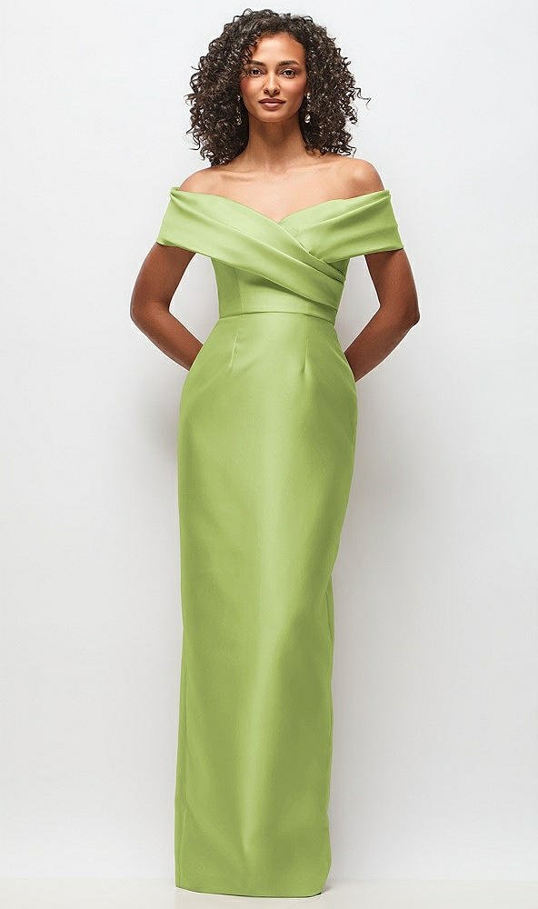 Front View - Mojito Draped Wrap Off-the-Shoulder Satin Column Floral Maxi Dress