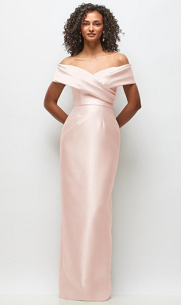 Front View - Blush Draped Wrap Off-the-Shoulder Satin Column Floral Maxi Dress