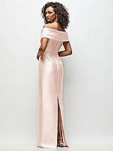Rear View Thumbnail - Blush Draped Wrap Off-the-Shoulder Satin Column Floral Maxi Dress