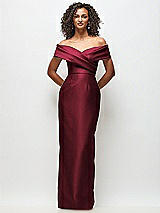 Front View Thumbnail - Cabernet Draped Wrap Off-the-Shoulder Satin Column Floral Maxi Dress
