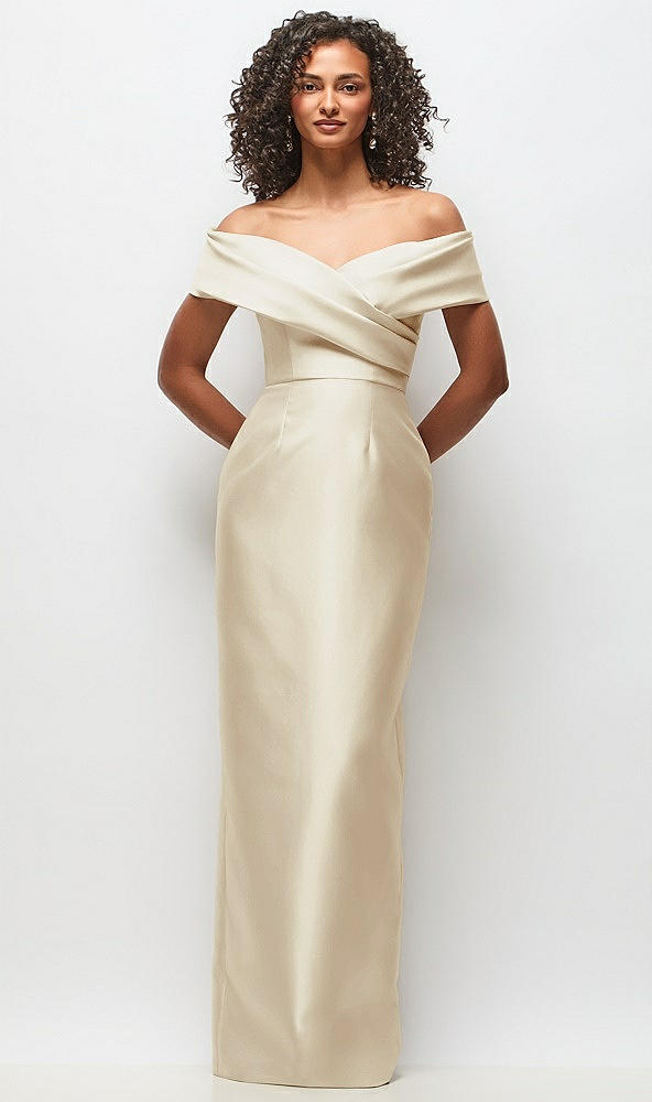 Front View - Champagne Draped Wrap Off-the-Shoulder Satin Column Floral Maxi Dress