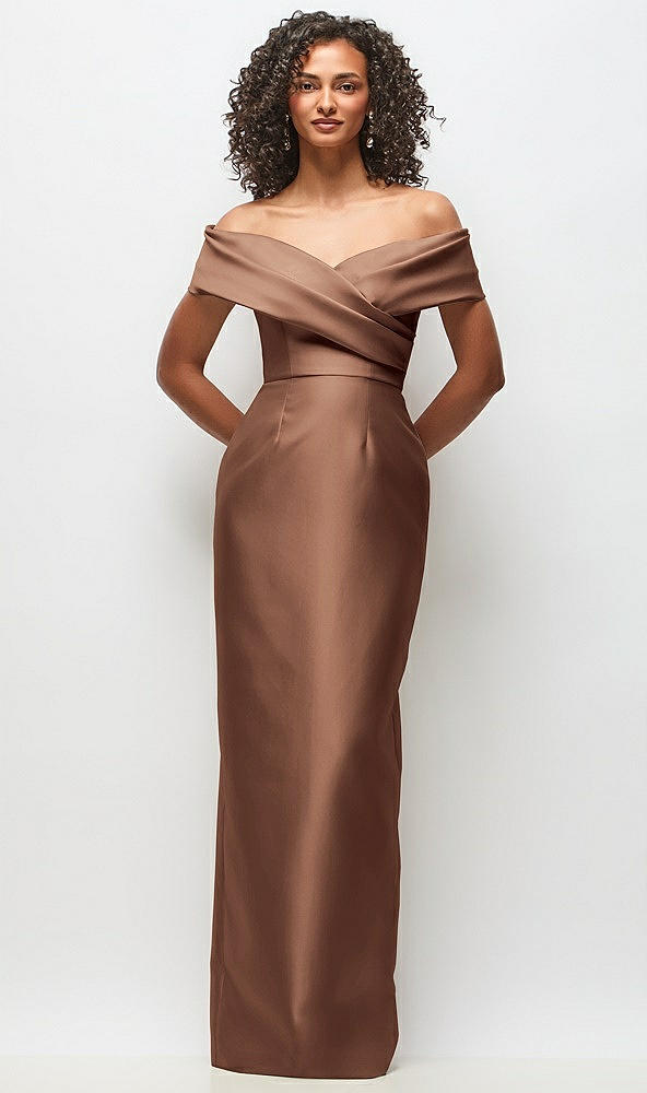 Front View - Cognac Draped Wrap Off-the-Shoulder Satin Column Floral Maxi Dress